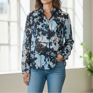 AKRIS PUNTO Black Shadow Floral Top with Pleats and Hidden Button Placket